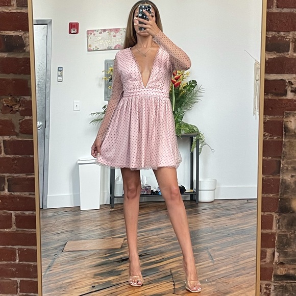 Double crazy pink sheer sleeve deep v-neck dress M - Picture 2 of 7